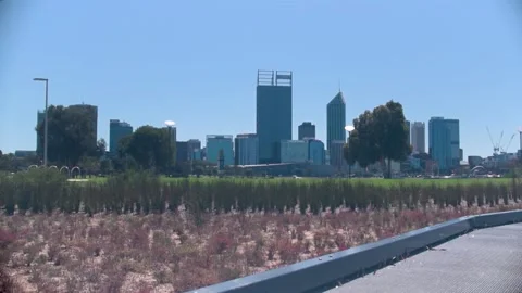 View of Perth CBD and Swan river from a park in South Perth Stock Footage