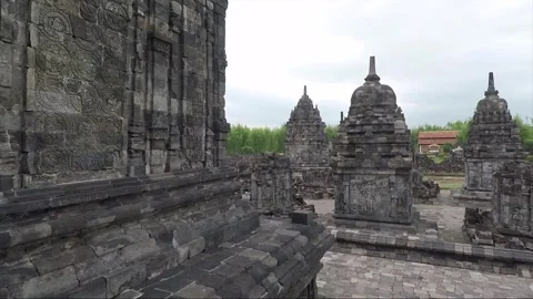 View of Perwara and Mane Temples, Buddhist Stupas, Sewu Temple, Indonesia Stock Footage 284150955