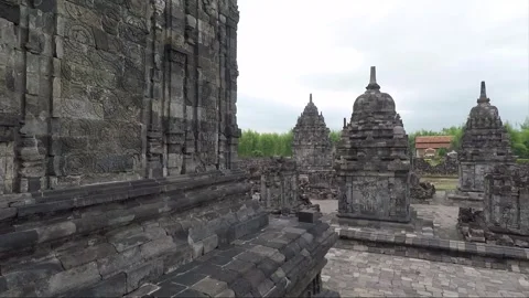 View of Perwara and Mane Temples, Buddhist Stupas, Sewu Temple, Indonesia Stock Footage 284150959