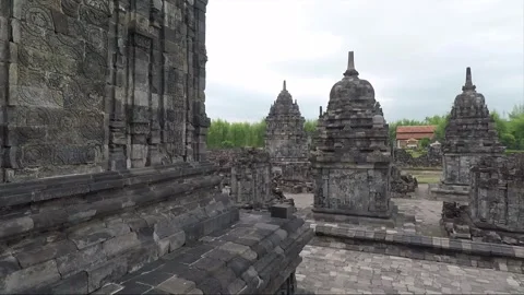 View of Perwara and Mane Temples, Buddhist Stupas, Sewu Temple, Indonesia Stock Footage 284151031