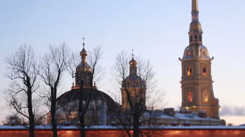View on Peter and Paul Cathedral in Saint Petersburg, Russia in the evening Stock Footage 67676937