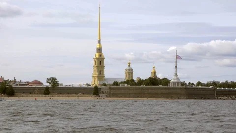 View of the Peter and Paul Cathedral and fortress from the Neva Stock Footage 115015108