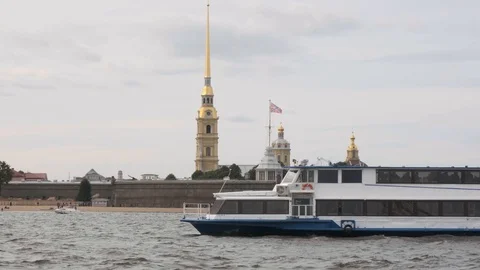 View of the Peter and Paul Cathedral and fortress from the Neva Stock Footage 115015129