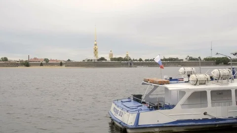 View of the Peter and Paul Cathedral and fortress from the Neva Stock Footage 115096660