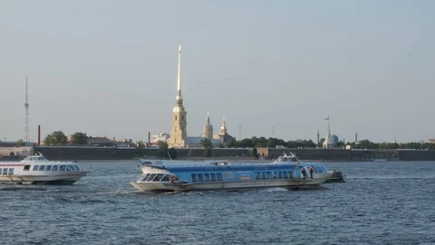 View of the Peter and Paul Cathedral and fortress from the Neva Stock Footage 115480440