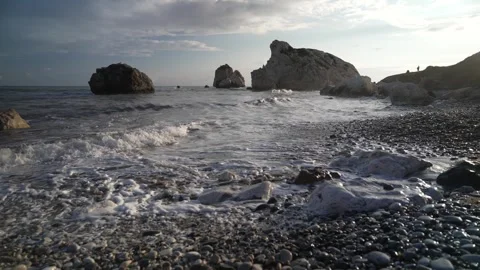 View of Petra tou Romiou or Aphrodite's rock during golden hour, Paphos Stock Footage 341875252