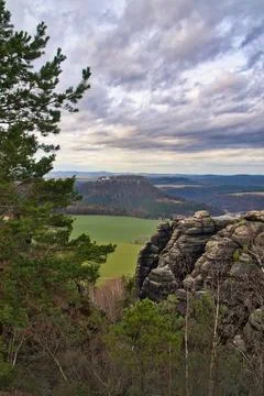 View from the Pfaffenstein. Forests, mountains, vastness, panorama. Landscape Stock Photos