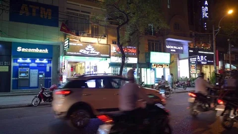View of Pham Ngu Lao Street at night time Stock Footage