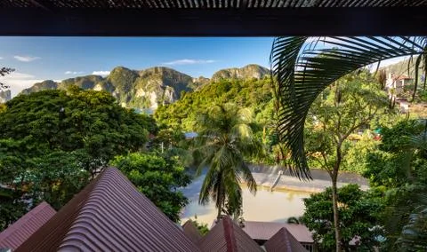 View of Phi Phi mountains landscape and sea along with the green palm trees f Stock Photos