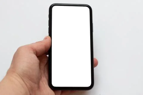 View of the phone screen with a mock up on a white isolated background Stock Photos