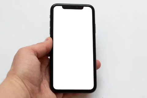 View of the phone screen with a mock up on a white isolated background Stock Photos