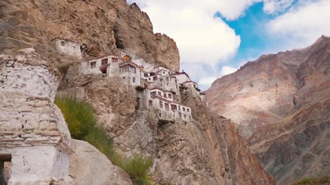 View of the Phugtal monastery built inside the mountain cave at Zanskar, Ladakh, Stock Footage 332213251