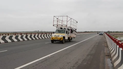 View of pickup carrying iron frame Video stock 156990597