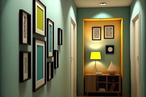 View of picture frames with interior decor in a house. Generative AI Stock Illustration