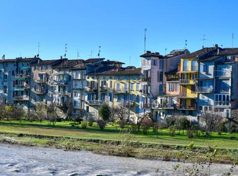 View of the picturesque coloured houses on the river Parma Stock Photos