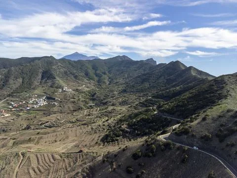 View on piek of Mount Teide volcano from Rural de Teno park on Tenerife, Cana Stock Photos
