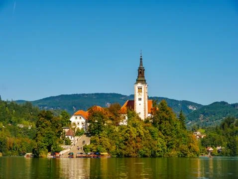 View on the Pilgrimage Church of the Assumption of Maria on the Lake Bled. Stock Photos
