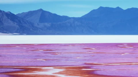 View of a pink salt flat with mountains in the background on a clear day Stock Footage 345053688