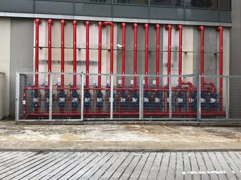 View of a pipe system outside the building. Selective focus Stock Photos