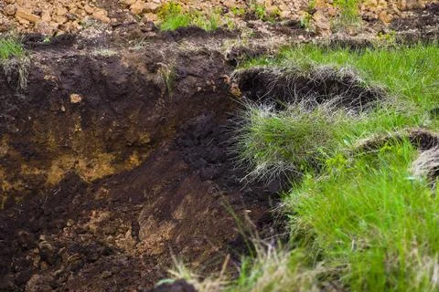 View of pit dug in brown soil with green grass on foreground Stock Photos