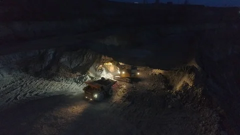 View of a pit on extraction of ore, work, a night shift Stock-Footage 96476899
