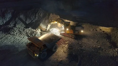 View of a pit on extraction of ore, work, a night shift Stock-Footage 96477211