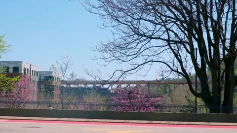 View of Pittsburgh with blooming trees and a bridge on a sunny day in sprin.. Stock Footage 332884959