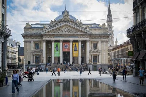 View on Place de la Bourse with historical Brussels Stock Exchange now hous.. Stock Photos