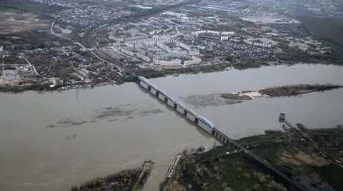 View from plane city. Flight over the river Stock Footage 7729271