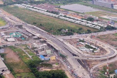 View from plane of the traffic intersection in Bangkok in Thailand 스톡 사진