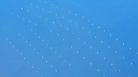 View from a plane of wind turbines in the sea Stockbeeldmateriaal 345098548