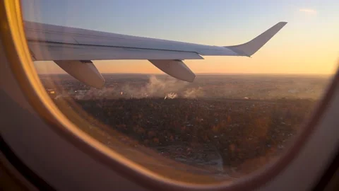 View from plane window after take-off from airport in Warsaw, Poland, 4k Stock Footage 201193514