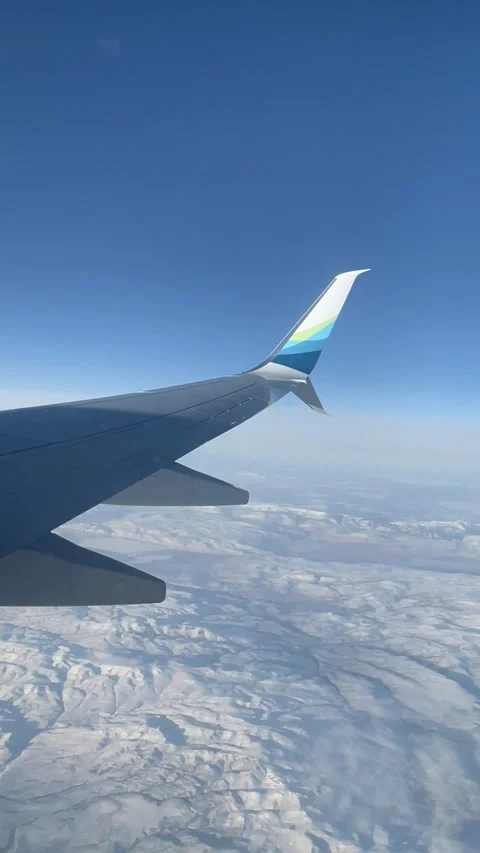 View from the plane window of Alaska Airlines to the landscape and wing, on the Stock Footage 236081247