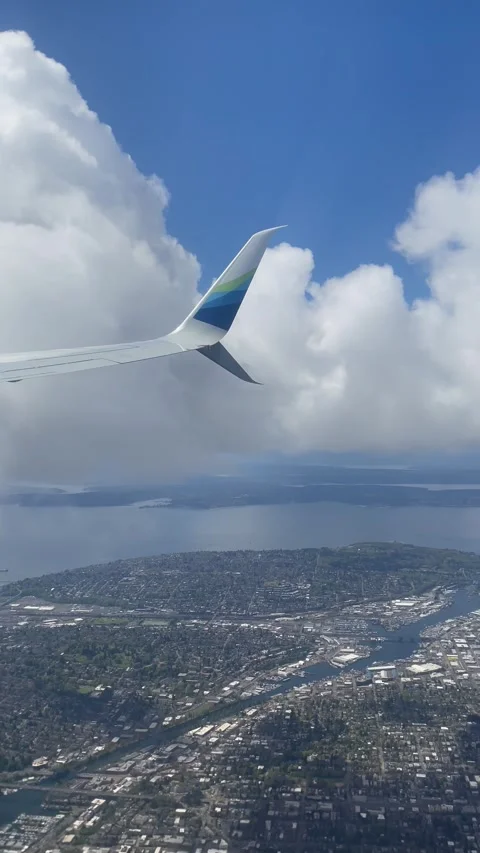 View from the plane window of Alaska Airlines to the Seattle port. Seattle top Stock Footage 277381676