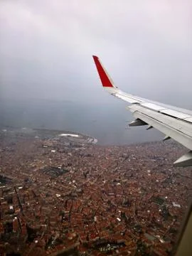 View from the plane window with a wing Stock Photos