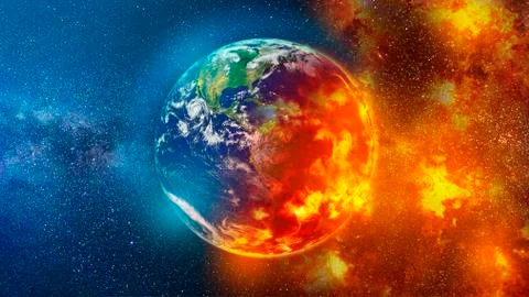 View of planet earth burning in space red and blue Stock Photos