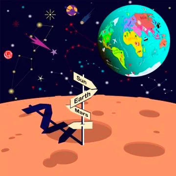 View of planet Earth from the moon. Space in cartoon style. Vector illustrati Stock Illustration