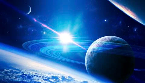 A view of a planet as it looms in close orbit and with rings so close you can Illustrazione stock