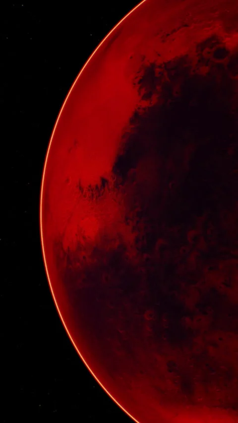 View of a planet with red surface under dark space Stock Footage 344962872