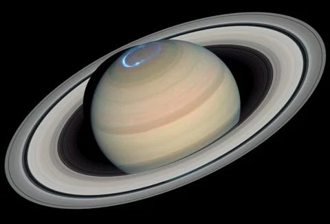 View of planet Saturn in deep space. 库存照片