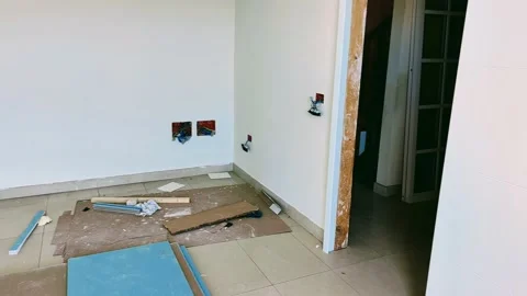 View of plasterboard sheets ready to be placed in the reform of a house Stock Footage 201542945