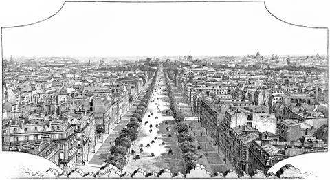 View from the platform of the Arc de Triomphe, vintage engraving. Illustrazione stock