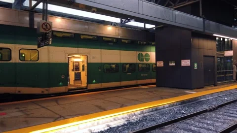 View from the platform of Union Station at the green GO Transit train. Video stock 314331919