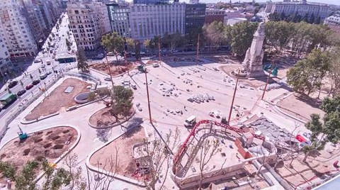 View of Plaza de Espaa under construction from above. Vista de plaza de Espaa Stock Photos
