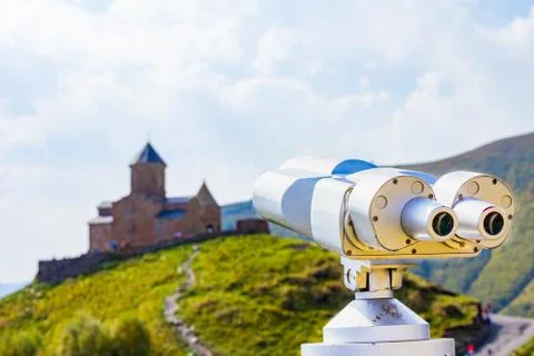 View point Binoscope directed towards to Gergeti Trinity Church Tsminda Sameb Stock Photos