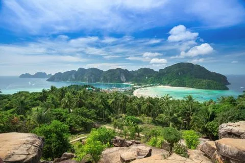 View point of Phi Phi Island at sunset time, Krabi, Thailand Stock Photos