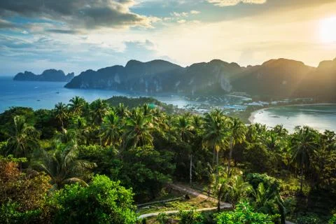 View point of Phi Phi Island at sunset time, Krabi, Thailand Stock Photos