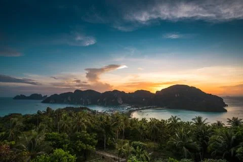 View point of Phi Phi Island at sunset time, Krabi, Thailand Stock Photos