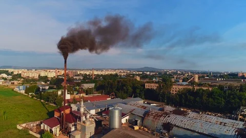 View point of smoking chimney black colors, burning fire and smoke coming out of Stock Footage 110847361