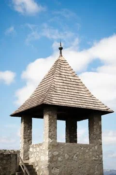 View point of triangular roof shape and covered with wooden tiles called Stock Photos